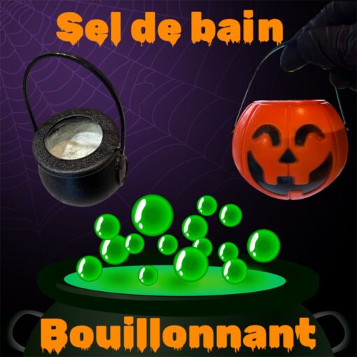 sel de bain naturel et fait main pour enfants en forme de citrouille ou chaudron de sorcière, libérant une mousse amusante dans l'eau.