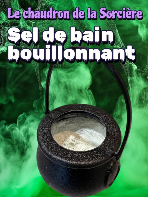 sel de bain naturel et fait main pour enfants en forme de citrouille ou chaudron de sorcière, libérant une mousse amusante dans l'eau.